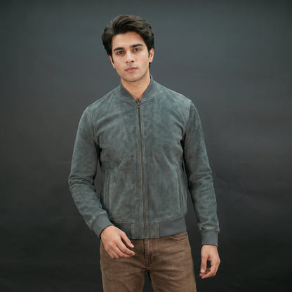 Men's suede jacket with ribbed cuffs and front zip closure