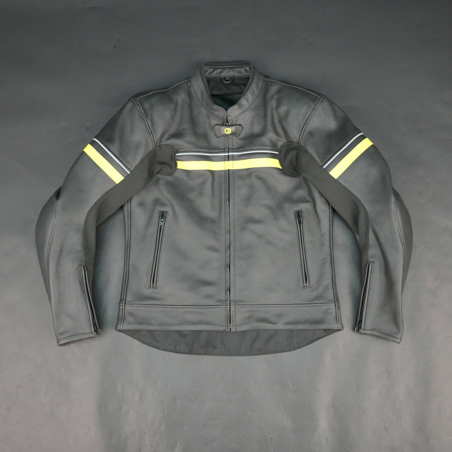 Men's Grey Leather Mesh Motorcycle Jacket with Yellow Reflective Strips - Premium Safety Riding Jacket #Desiderio #MotorcycleJacket #LeatherJacket #RidingGear #BikerStyle #GenuineLeather #SafetyRiding #MensFashion
