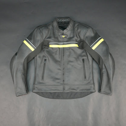 Men's Grey Leather Mesh Motorcycle Jacket with Yellow Reflective Strips - Premium Safety Riding Jacket #Desiderio #MotorcycleJacket #LeatherJacket #RidingGear #BikerStyle #GenuineLeather #SafetyRiding #MensFashion