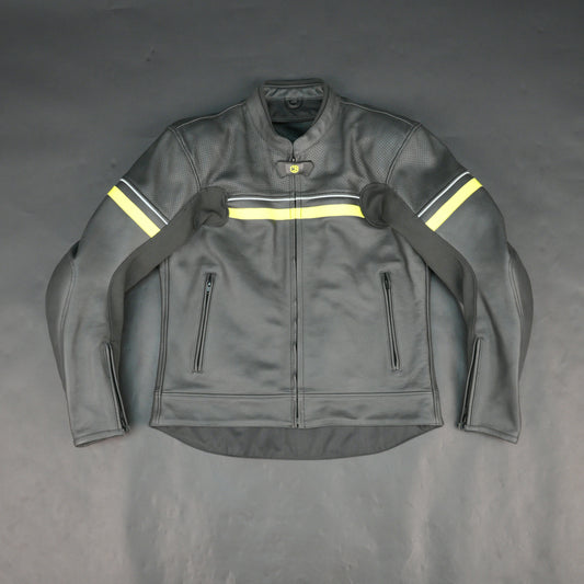 Men's Grey Leather Mesh Motorcycle Jacket with Yellow Reflective Strips - Premium Safety Riding Jacket #Desiderio #MotorcycleJacket #LeatherJacket #RidingGear #BikerStyle #GenuineLeather #SafetyRiding #MensFashion