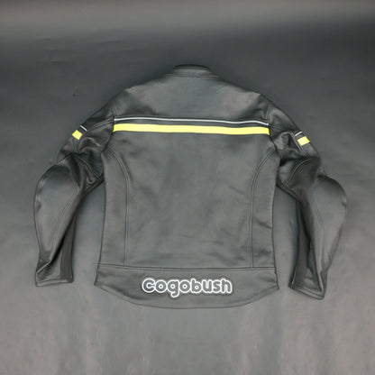 Men's Grey Leather Mesh Motorcycle Jacket with Yellow Reflective Strips - Premium Safety Riding Jacket #Desiderio #MotorcycleJacket #LeatherJacket #RidingGear #BikerStyle #GenuineLeather #SafetyRiding #MensFashion