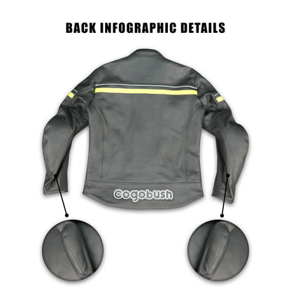 Men's Grey Leather Mesh Motorcycle Jacket with Yellow Reflective Strips - Premium Safety Riding Jacket #Desiderio #MotorcycleJacket #LeatherJacket #RidingGear #BikerStyle #GenuineLeather #SafetyRiding #MensFashion