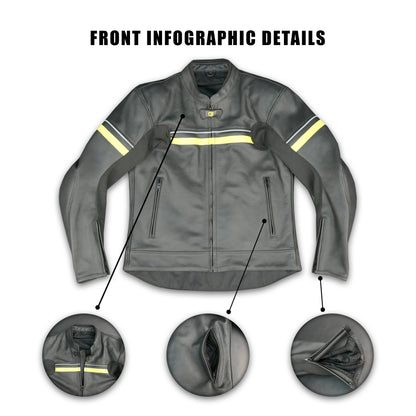 Men's Grey Leather Mesh Motorcycle Jacket with Yellow Reflective Strips - Premium Safety Riding Jacket #Desiderio #MotorcycleJacket #LeatherJacket #RidingGear #BikerStyle #GenuineLeather #SafetyRiding #MensFashion