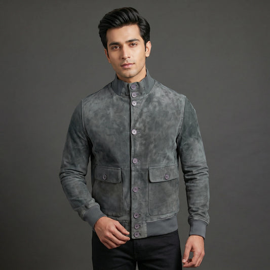 Suede jacket with mandarin collar, button closure, flap pockets, and slim fit.