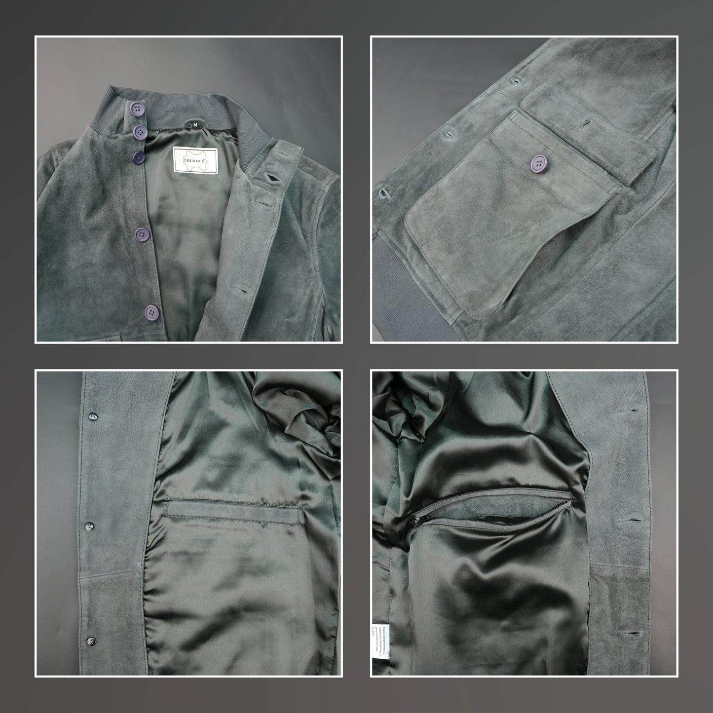 Suede jacket with mandarin collar, button closure, flap pockets, and slim fit.