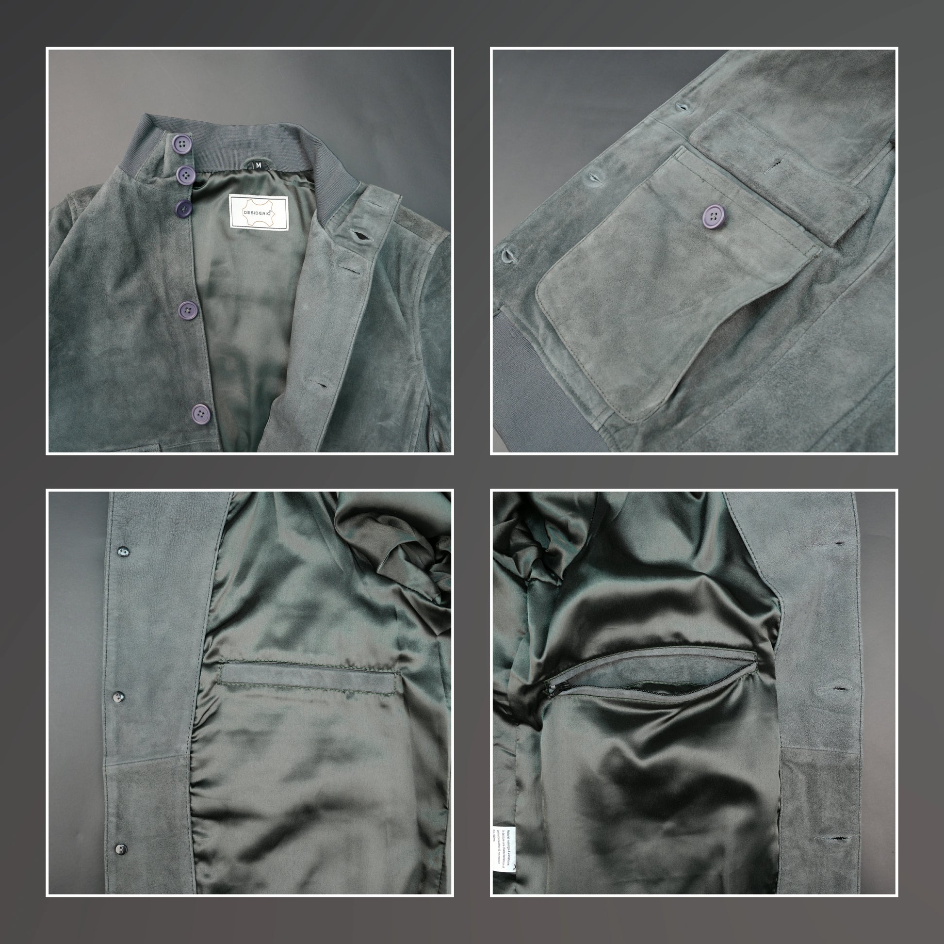 Suede jacket with mandarin collar, button closure, flap pockets, and slim fit.