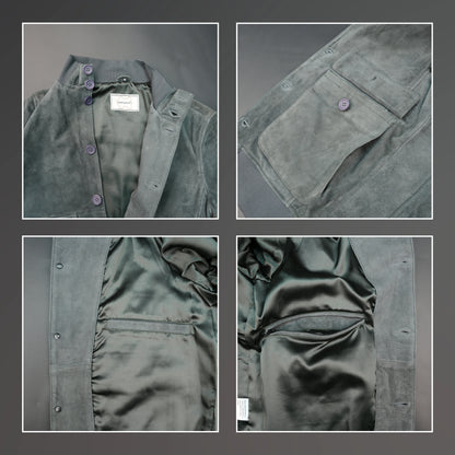 Suede jacket with mandarin collar, button closure, flap pockets, and slim fit.