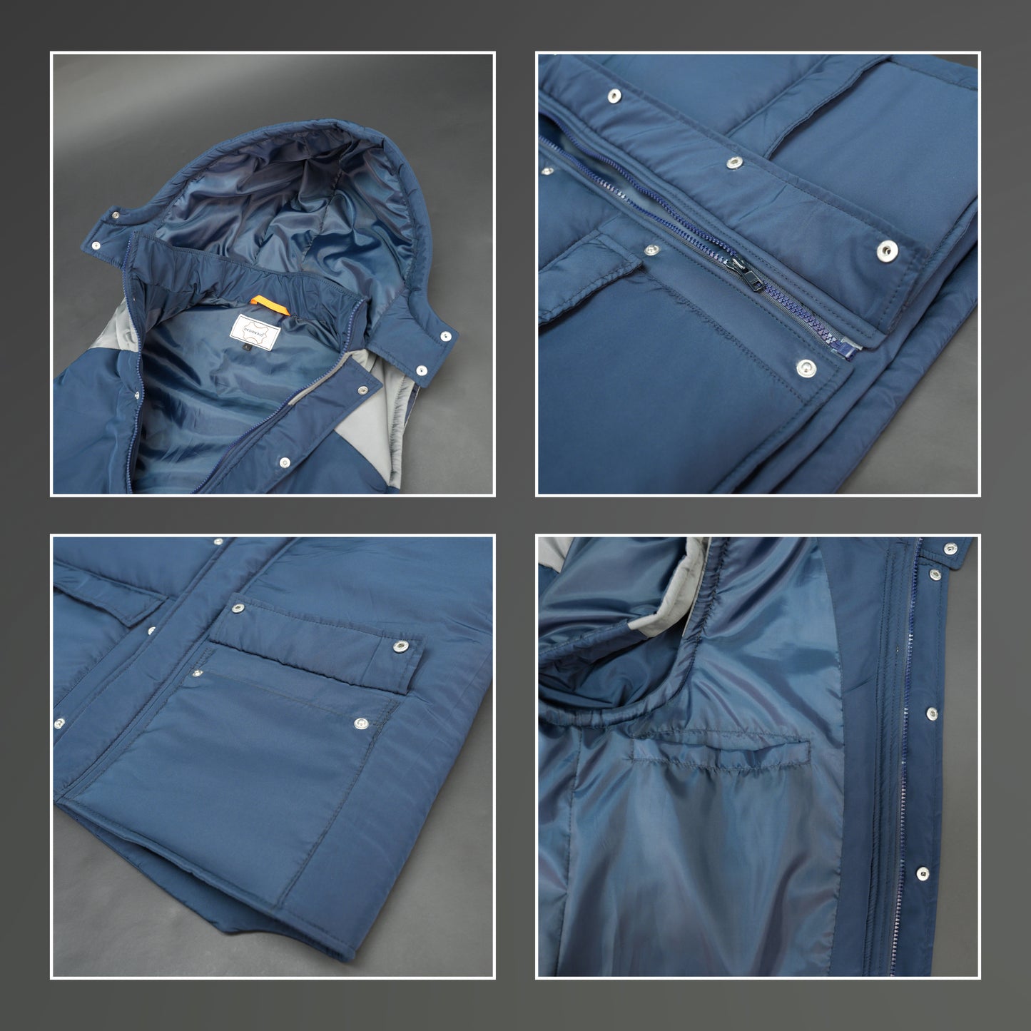 Men’s blue/grey hooded sleeveless puffer vest with zip and snap closure, lightweight and pocketed.