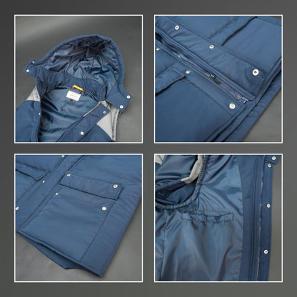 Men’s blue/grey hooded sleeveless puffer vest with zip and snap closure, lightweight and pocketed.