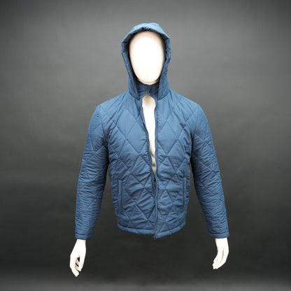 Men’s blue hooded diamond-quilted puffer jacket with full sleeves, zip closure, and pockets.