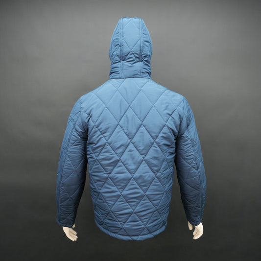 Men’s blue hooded diamond-quilted puffer jacket with full sleeves, zip closure, and pockets.