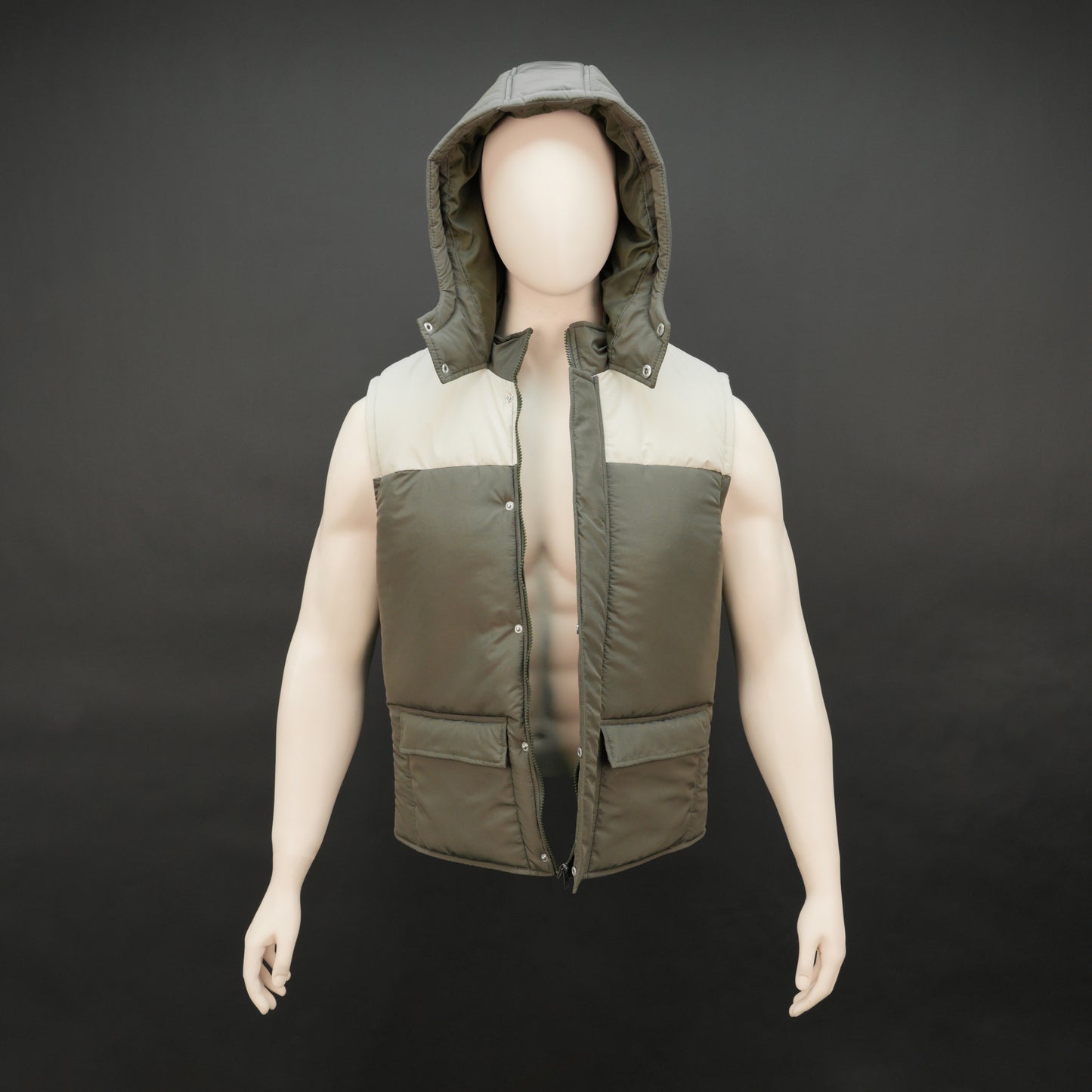 Men’s green/cream hooded sleeveless puffer vest with zip and snap closure, lightweight and pocketed.