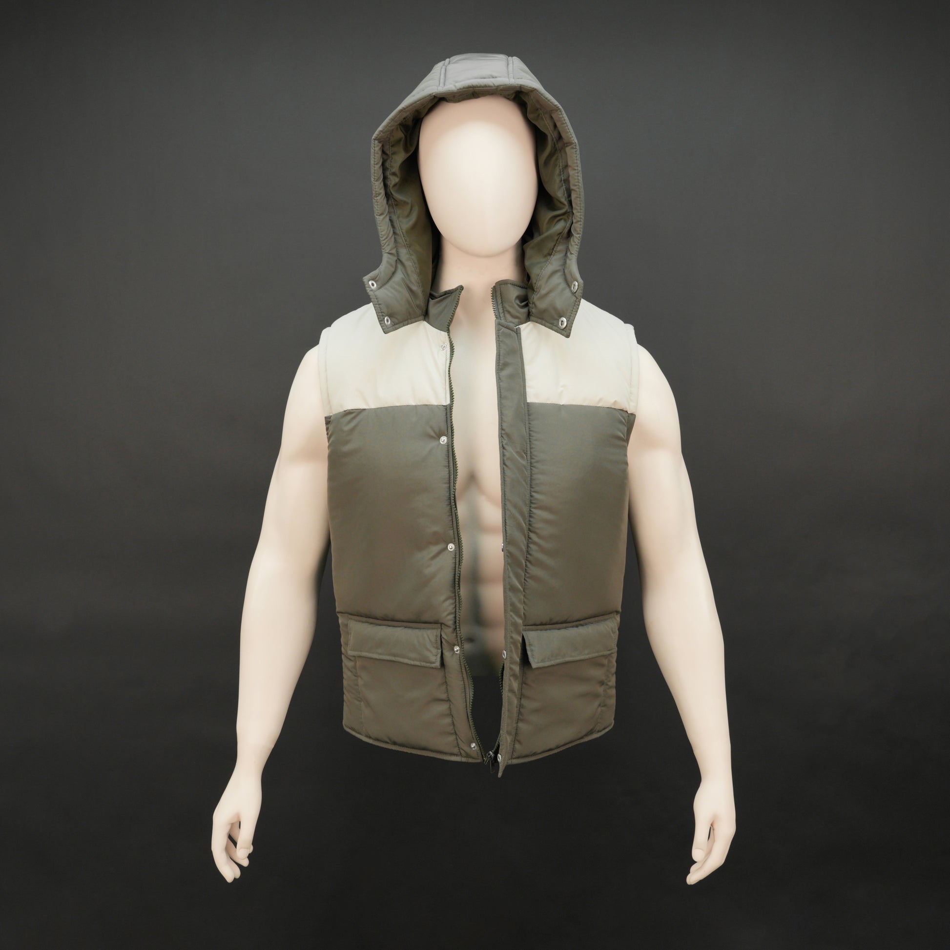 Men’s green/cream hooded sleeveless puffer vest with zip and snap closure, lightweight and pocketed.