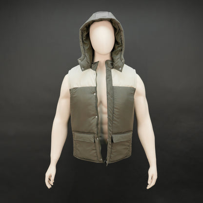 Men’s green/cream hooded sleeveless puffer vest with zip and snap closure, lightweight and pocketed.