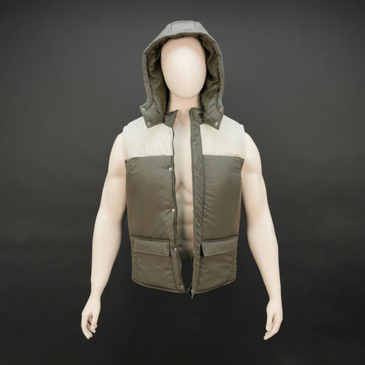 Men’s green/cream hooded sleeveless puffer vest with zip and snap closure, lightweight and pocketed.