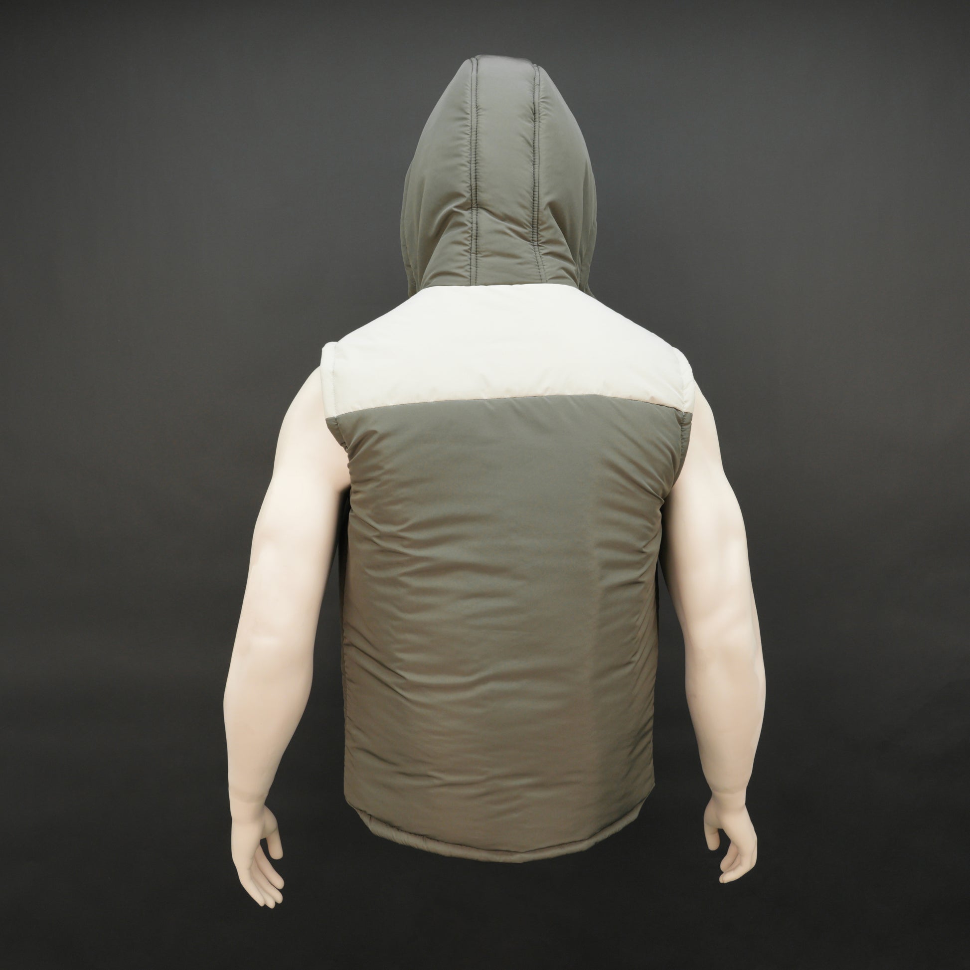Men’s green/cream hooded sleeveless puffer vest with zip and snap closure, lightweight and pocketed.