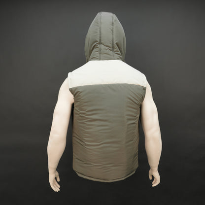 Men’s green/cream hooded sleeveless puffer vest with zip and snap closure, lightweight and pocketed.