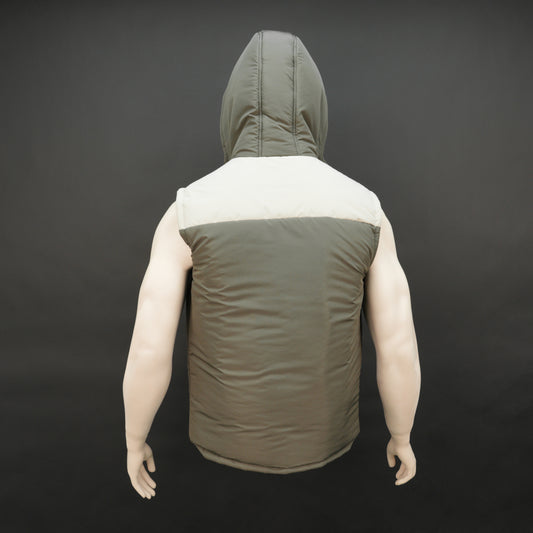 Men’s green/cream hooded sleeveless puffer vest with zip and snap closure, lightweight and pocketed.