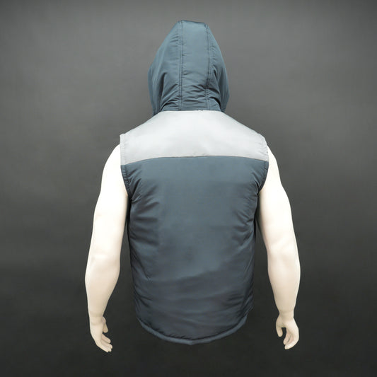 Men’s navy/grey hooded sleeveless puffer vest with zip and snap closure, lightweight and pocketed.