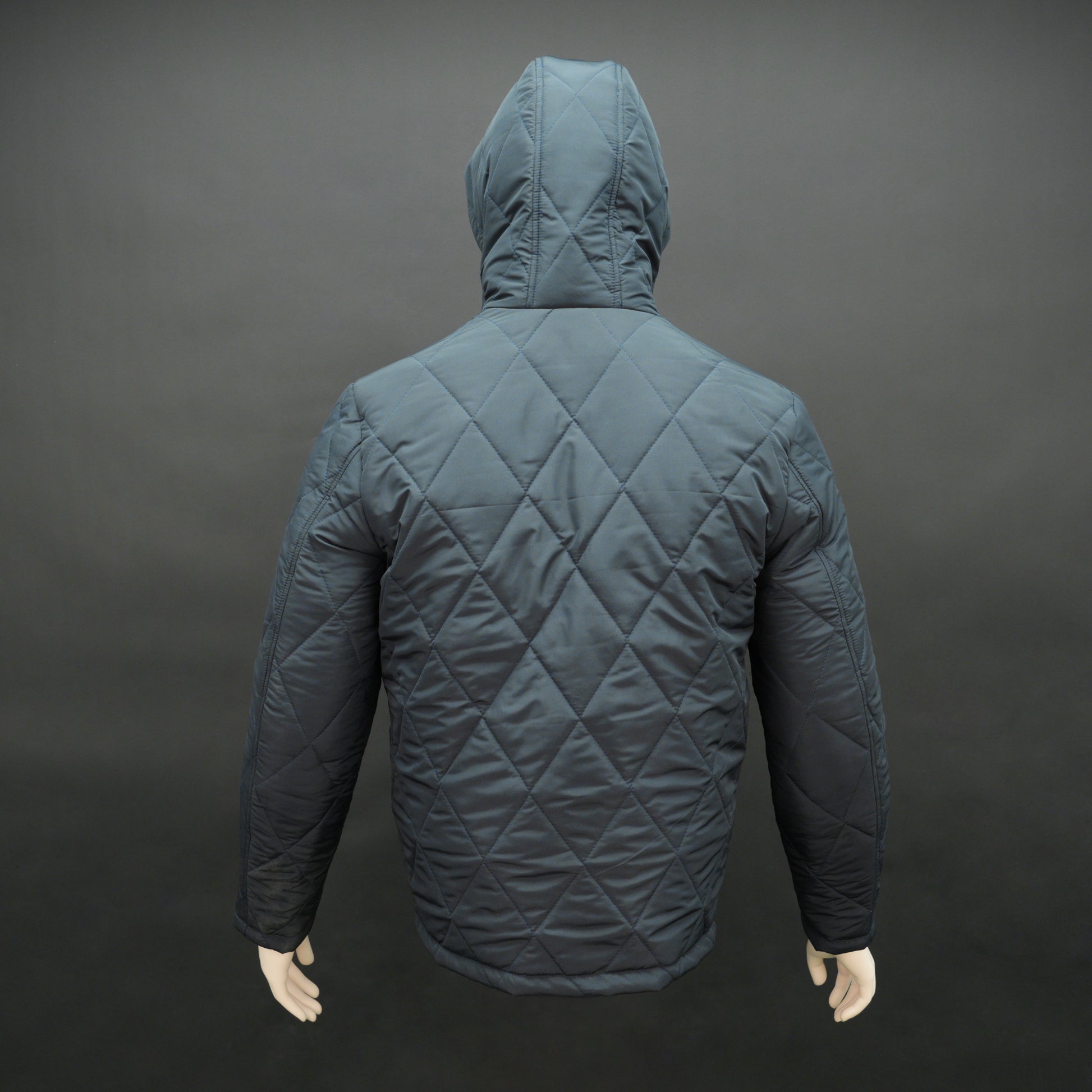 Men’s navy hooded diamond-quilted puffer jacket with full sleeves, zip closure, and multiple pockets.