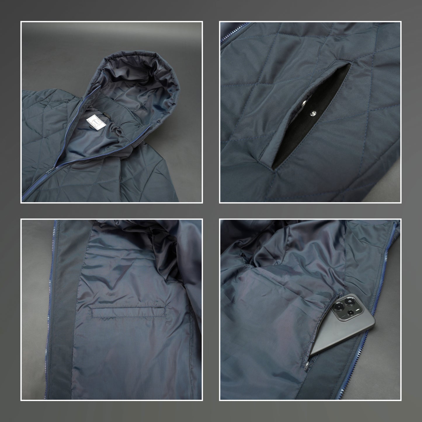 Men’s navy hooded diamond-quilted puffer jacket with full sleeves, zip closure, and multiple pockets.
