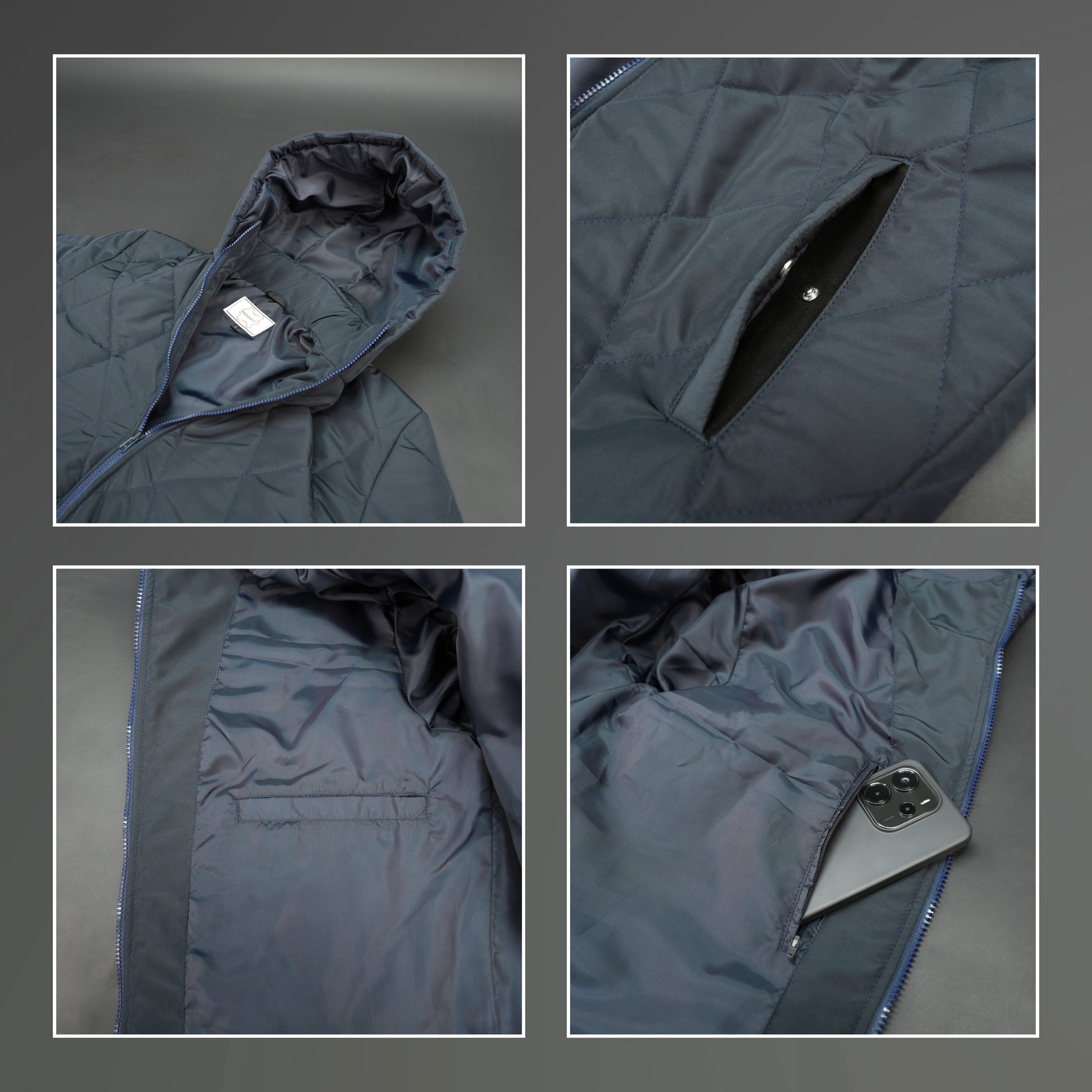 Men’s navy hooded diamond-quilted puffer jacket with full sleeves, zip closure, and multiple pockets.