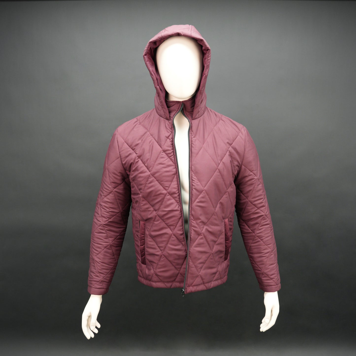 Men’s hooded diamond quilted puffer jacket with full sleeves, front zip, side and inside pockets, available in blue, maroon, and navy