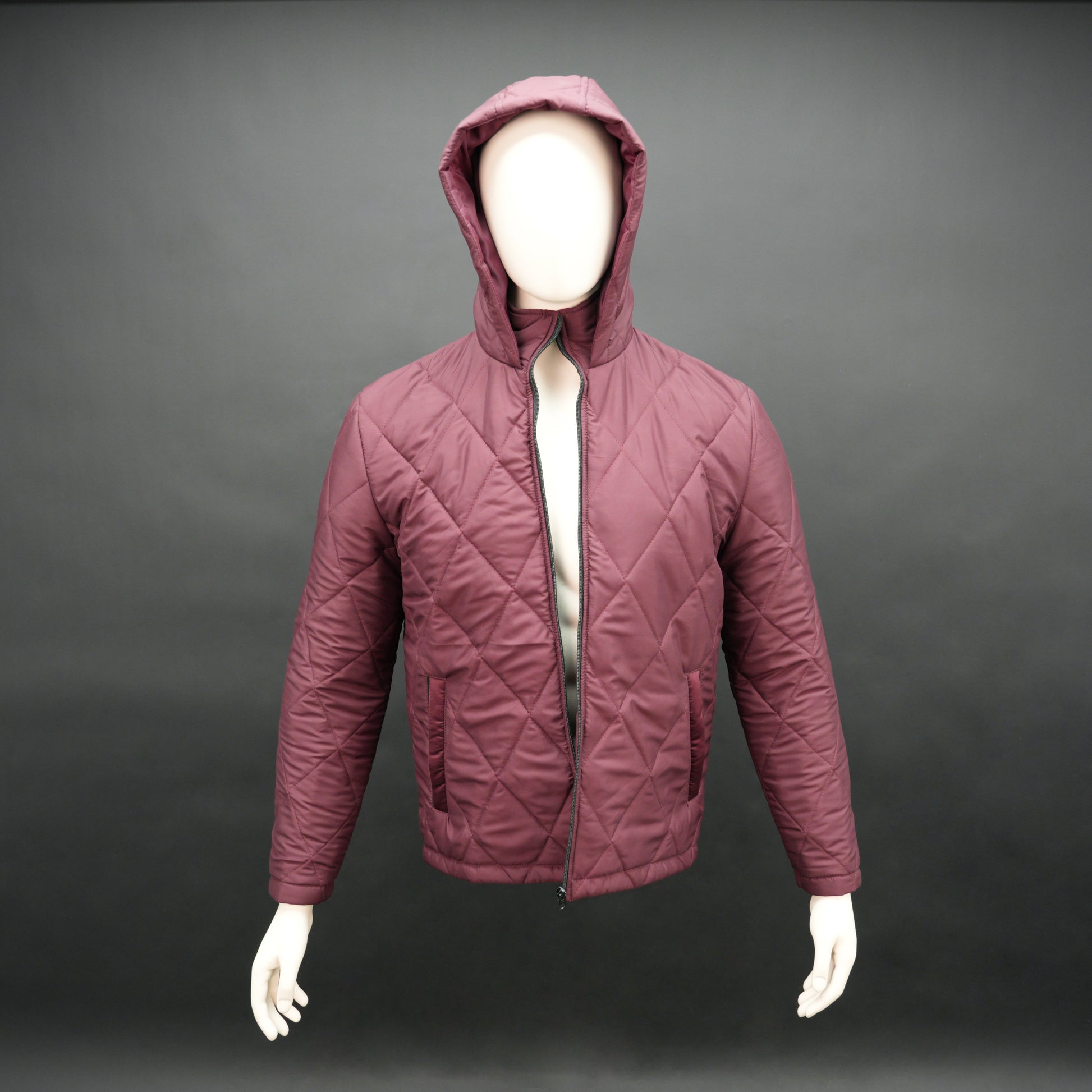 Men’s hooded diamond quilted puffer jacket with full sleeves, front zip, side and inside pockets, available in blue, maroon, and navy