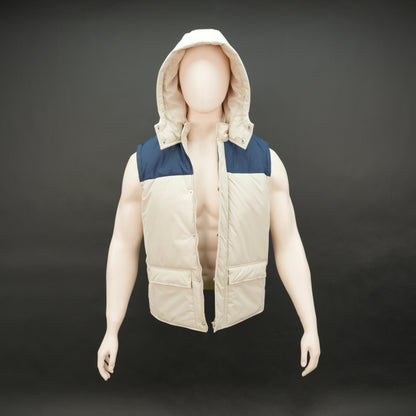 Men’s hooded two-tone puffer vest with front zip, snap buttons, inside and front pockets, available in multiple color combinations