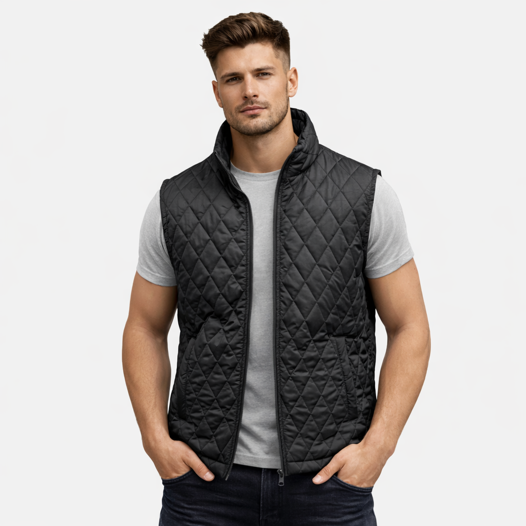 Black sleeveless quilted jacket with front zip, lightweight fabric, and multiple pockets