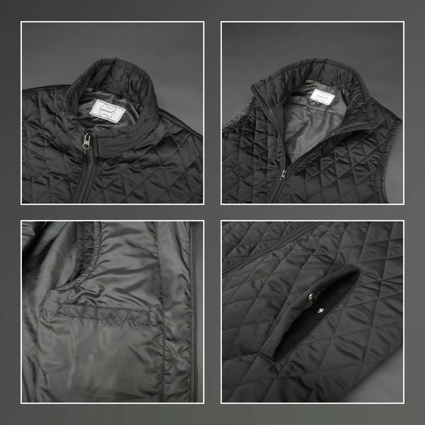 Black sleeveless quilted jacket with front zip, lightweight fabric, and multiple pockets