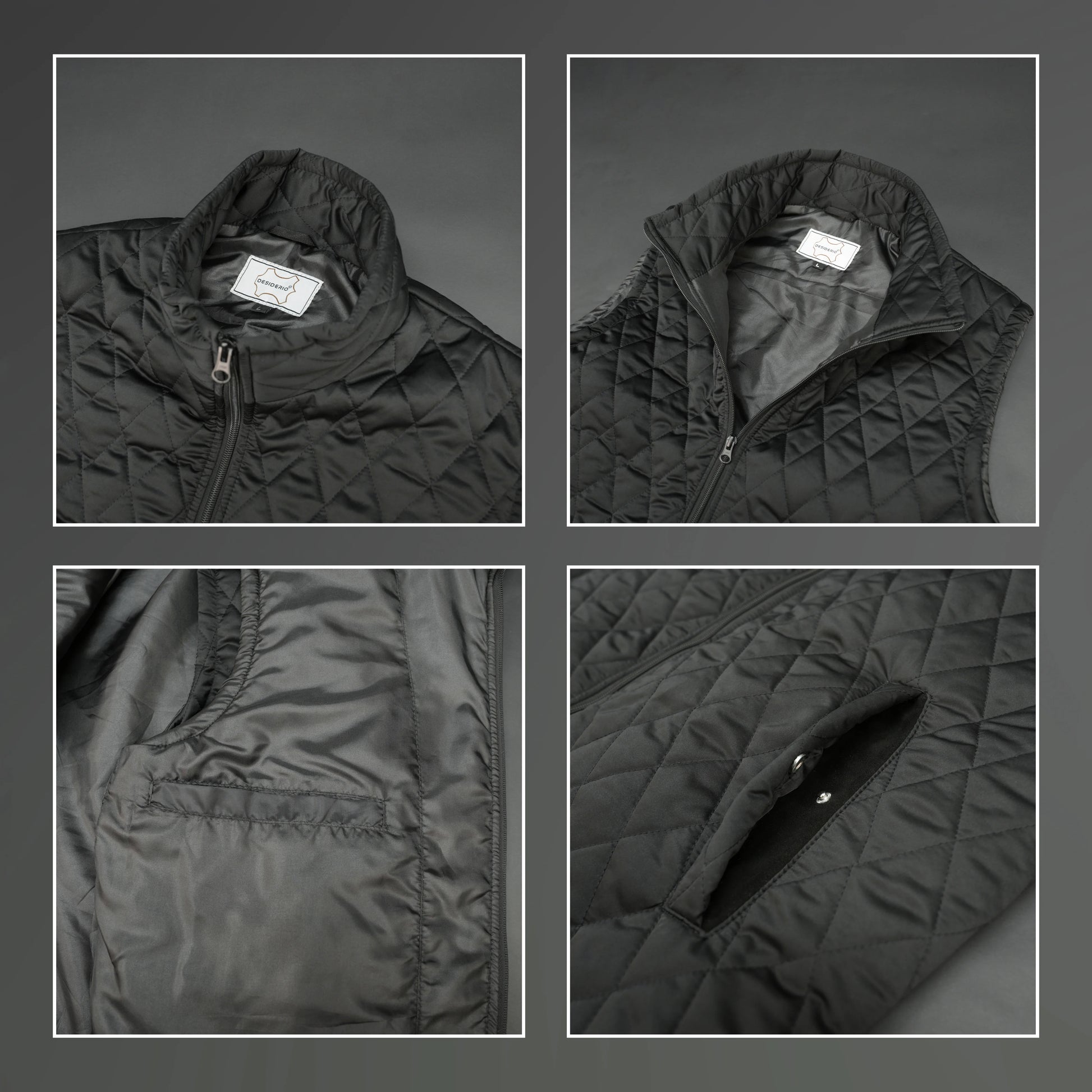 Black sleeveless quilted jacket with front zip, lightweight fabric, and multiple pockets