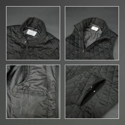 Black sleeveless quilted jacket with front zip, lightweight fabric, and multiple pockets