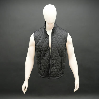 Black sleeveless quilted jacket with front zip, lightweight fabric, and multiple pockets