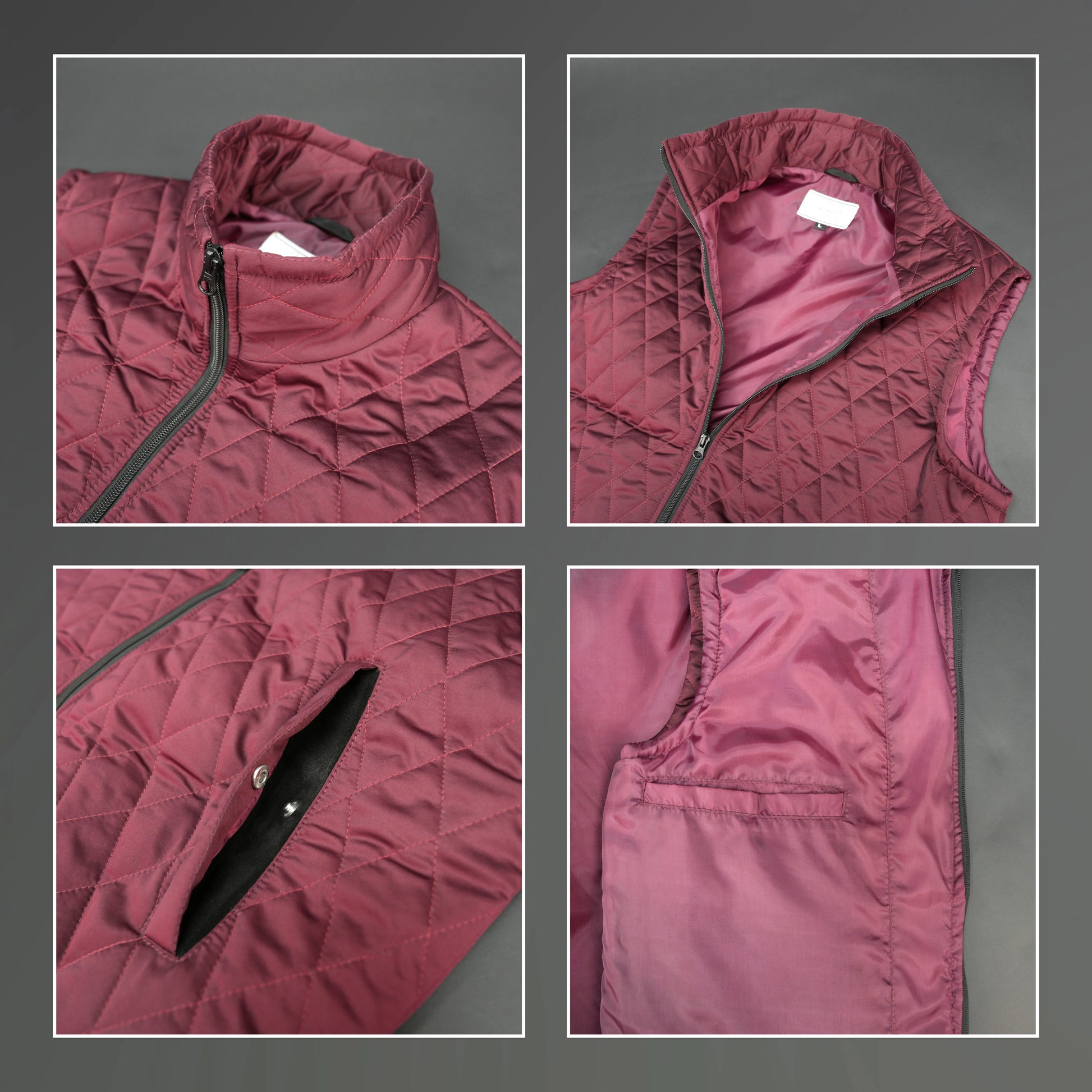 Maroon sleeveless quilted jacket with front zip, lightweight fabric, and multiple pockets
