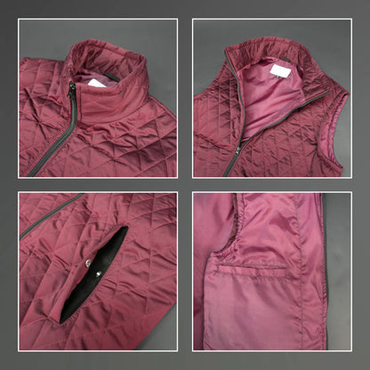 Maroon sleeveless quilted jacket with front zip, lightweight fabric, and multiple pockets