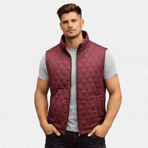 Maroon sleeveless quilted jacket with front zip, lightweight fabric, and multiple pockets