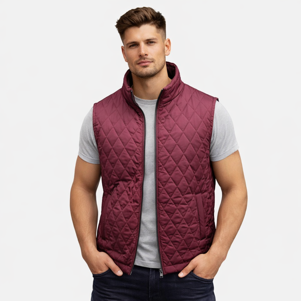 Maroon sleeveless quilted jacket with front zip, lightweight fabric, and multiple pockets