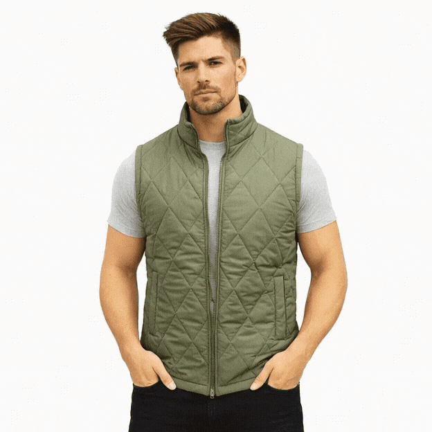 Men’s green lightweight diamond-quilted sleeveless puffer vest with zip closure and pockets.