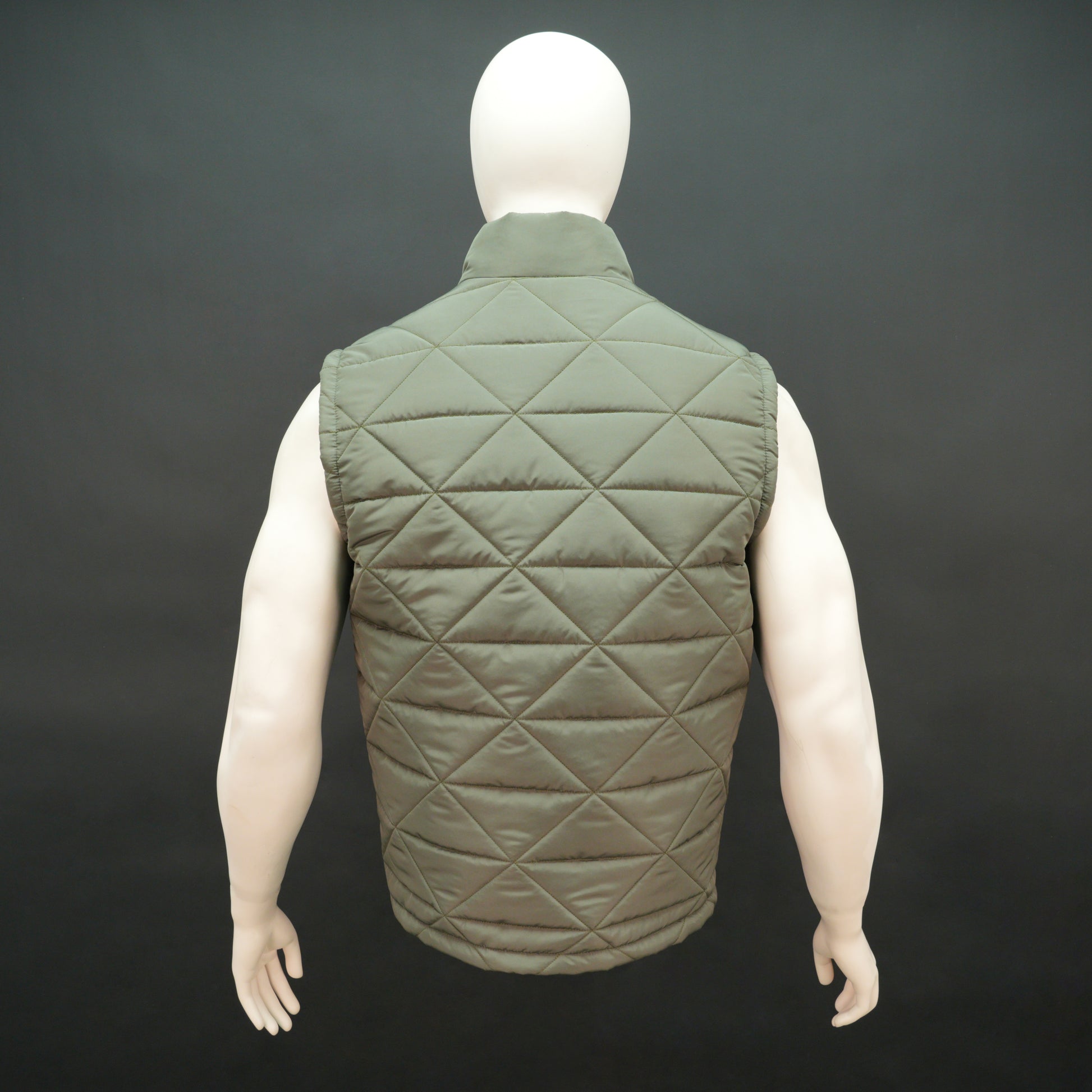 Men’s lightweight quilted puffer vest with front zip, side pockets, inside pocket, comfortable fit, available in green