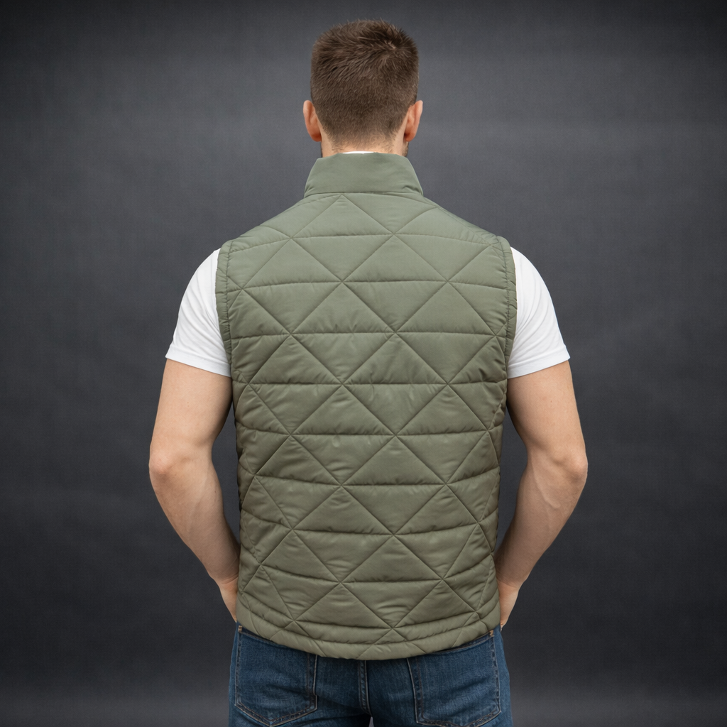 Men’s lightweight quilted puffer vest with front zip, side pockets, inside pocket, comfortable fit, available in green