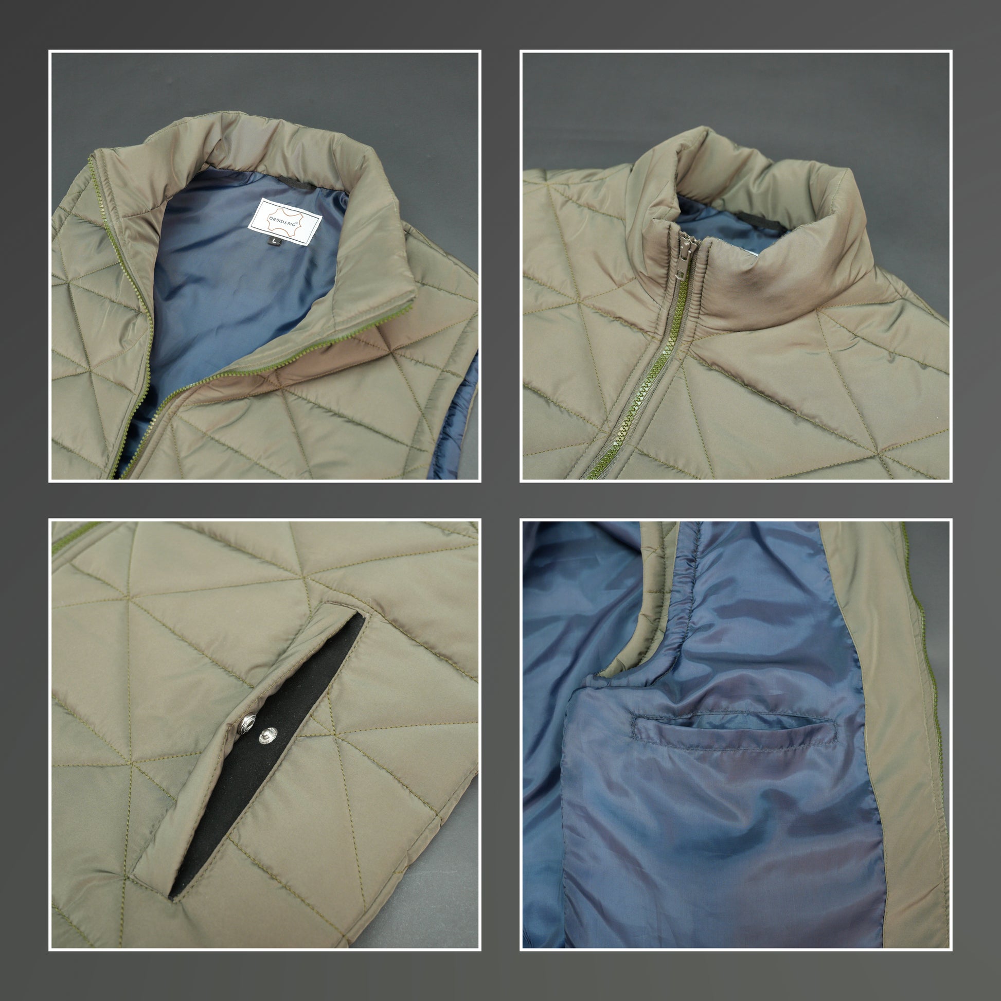 Men’s lightweight quilted puffer vest with front zip, side pockets, inside pocket, comfortable fit, available in green