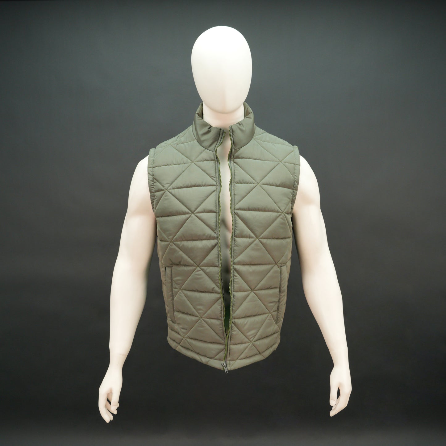 Men’s lightweight quilted puffer vest with front zip, side pockets, inside pocket, comfortable fit, available in green
