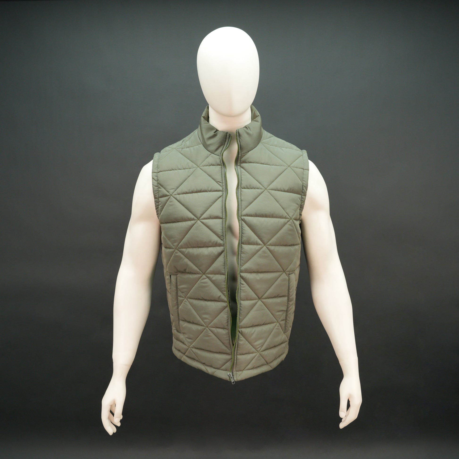 Men’s lightweight quilted puffer vest with front zip, side pockets, inside pocket, comfortable fit, available in green