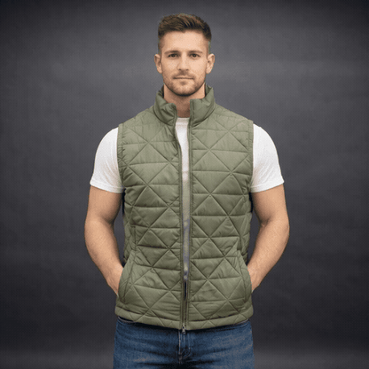 Men’s lightweight quilted puffer vest with front zip, side pockets, inside pocket, comfortable fit, available in green