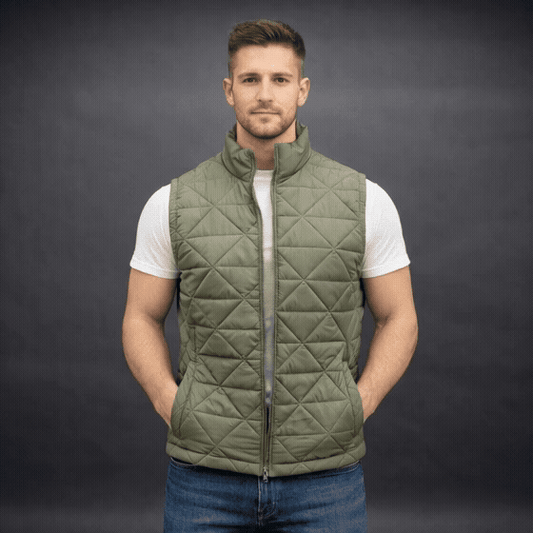 Men’s lightweight quilted puffer vest with front zip, side pockets, inside pocket, comfortable fit, available in green