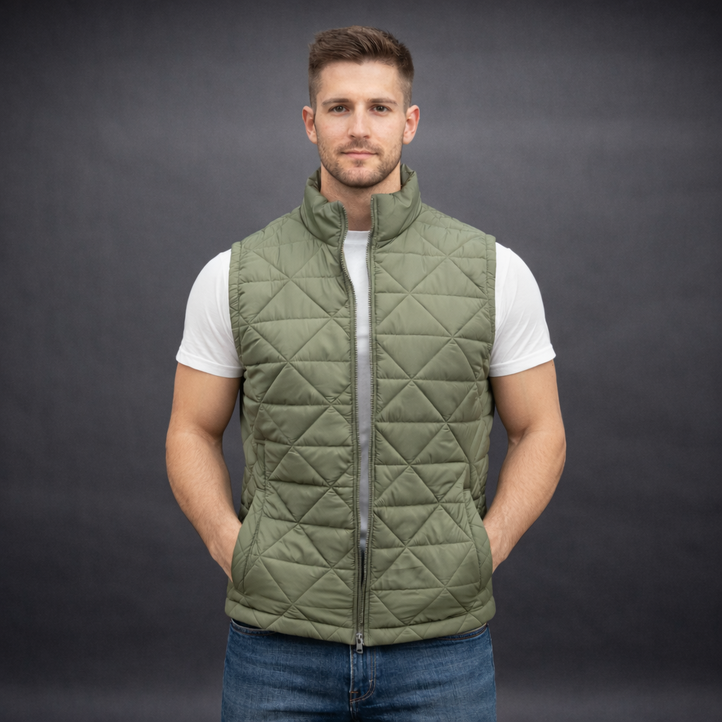 Men’s lightweight quilted puffer vest with front zip, side pockets, inside pocket, comfortable fit, available in green