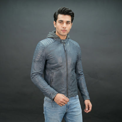 Men's navy blue leather jacket with grey hood and slim fit design