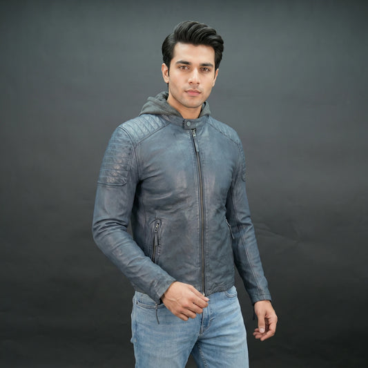 Men's navy blue leather jacket with grey hood and slim fit design
