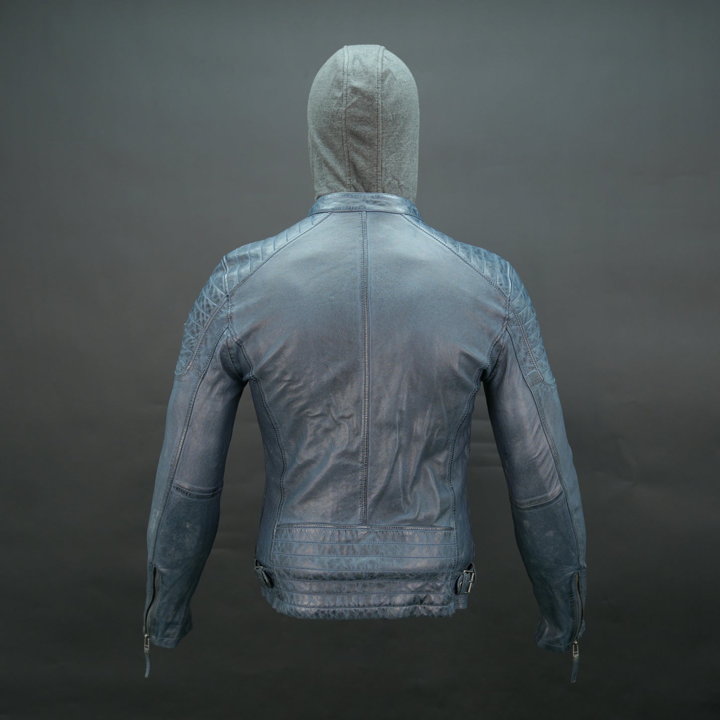 Men's navy blue leather jacket with grey hood and slim fit design